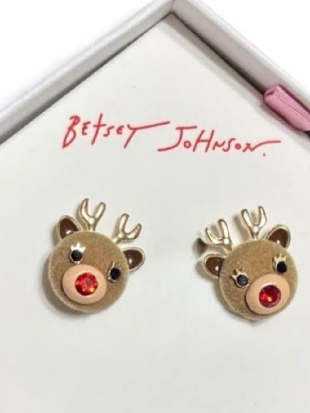 Betsey Johnson Christmas Fuzzy Reindeer Stud Earrings NIB Holiday Rudolph